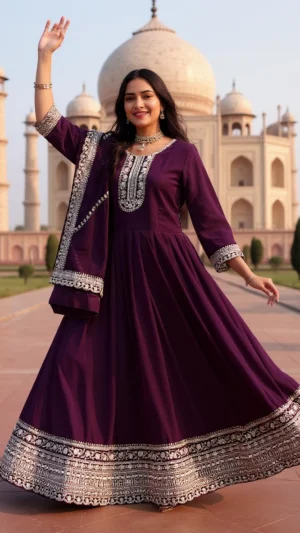 Zarina Wine Embroidered Anarkali Set
