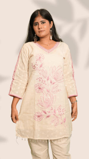 Off-White Khadi Cord Set with Pink Embroidery