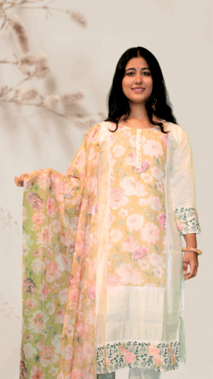 White Cotton-Blend Floral Printed Suit Set