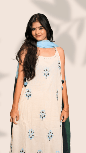 Off-White Printed Cotton Suit Set (Sleeveless)