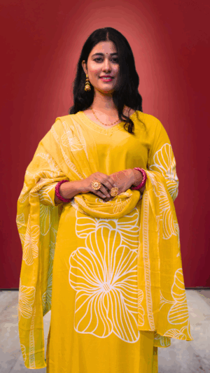 Yellow V-Neck Blended Cotton Suit Set with Dupatta