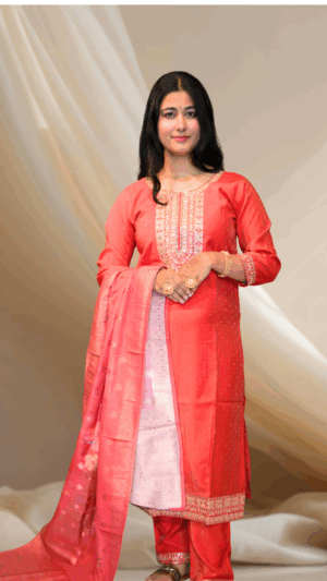 Red Roman Silk Suit Set with Heavy Embroidery